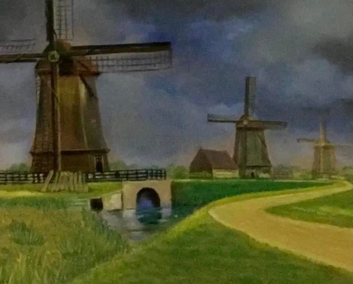 "Windmills" Vintage Oil Pastel, Framed - 3