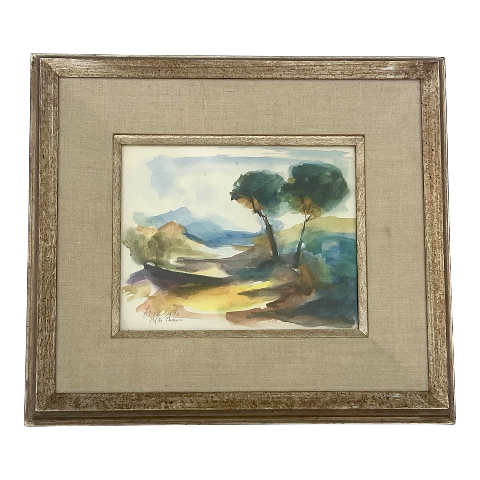 Original 1970 Framed Watercolor Landscape Painting: Original 1970 Framed Watercolor Landscape Painting Signed at lower left, including the line 'After Turner' 15-1/8"H x 17-1/8"W Image size: 7-1/2"H x 9-1/2"W 2" Deep Gilded frame with Linen Mat. Image 