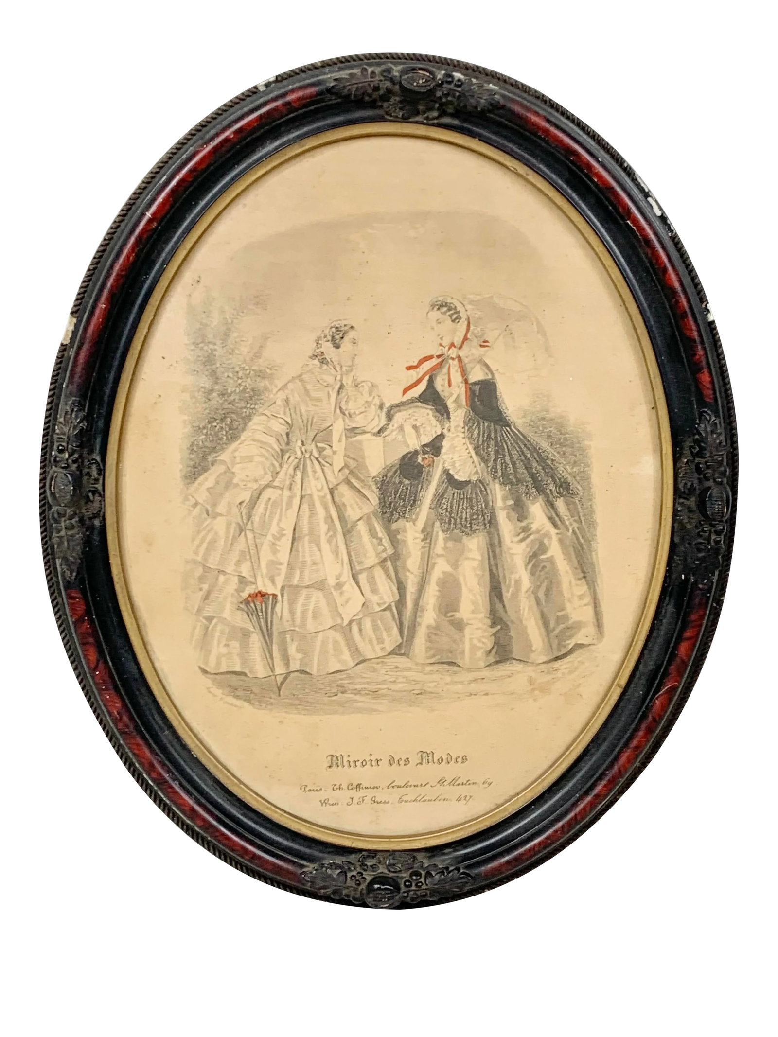 Early 20th Century Victorian Figurative Print, Framed: Lovely antique frame with antique print. Wonderful detailing on the frame and faux burl painting. Print is delicate and detailed. Perfect to use as is and add to any art wall or to take apart and