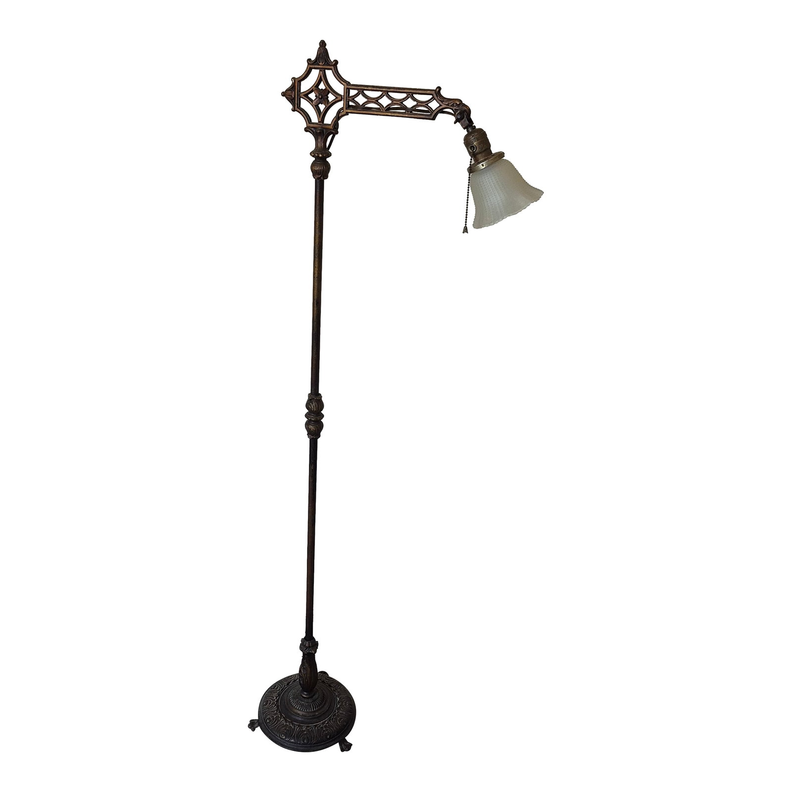 Early 20th Century Art Deco Style Bridge Floor Lamp: This is an antique Art Deco bridge floor lamp, likely dating from the 1900s to the 1920s, featuring an ornate patinated iron or brass finish. Style and Purpose: Known as a "bridge lamp," this style wa
