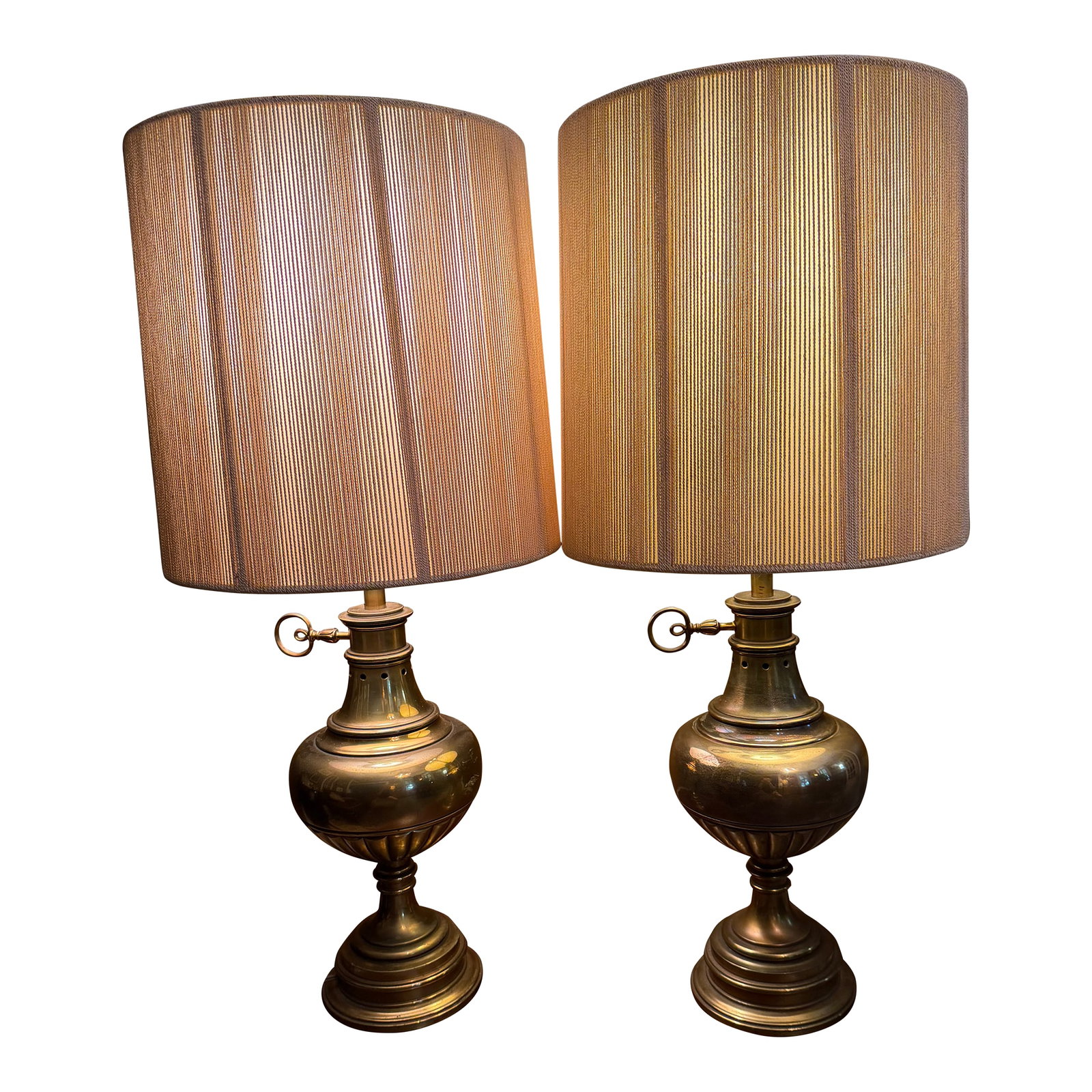 Pair Vintage Stiffel Brass Oil Lamp Style W/ Milk Glass Hollywood Regency Table Lamps W/ Additional: This vintage pair of Stiffel table lamps epitomizes mid-century Hollywood Regency elegance. Featuring a classical brass oil-lamp silhouette paired with a crisp milk glass diffuser, they cast a warm, a