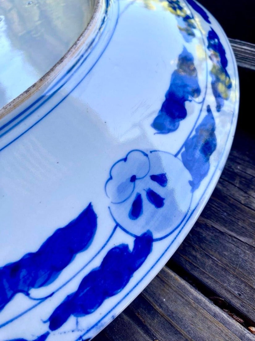 Mid 20th Century Monumental Japanese Blue & White Porcelain Charger With Hawk & Pine Landscape - 13
