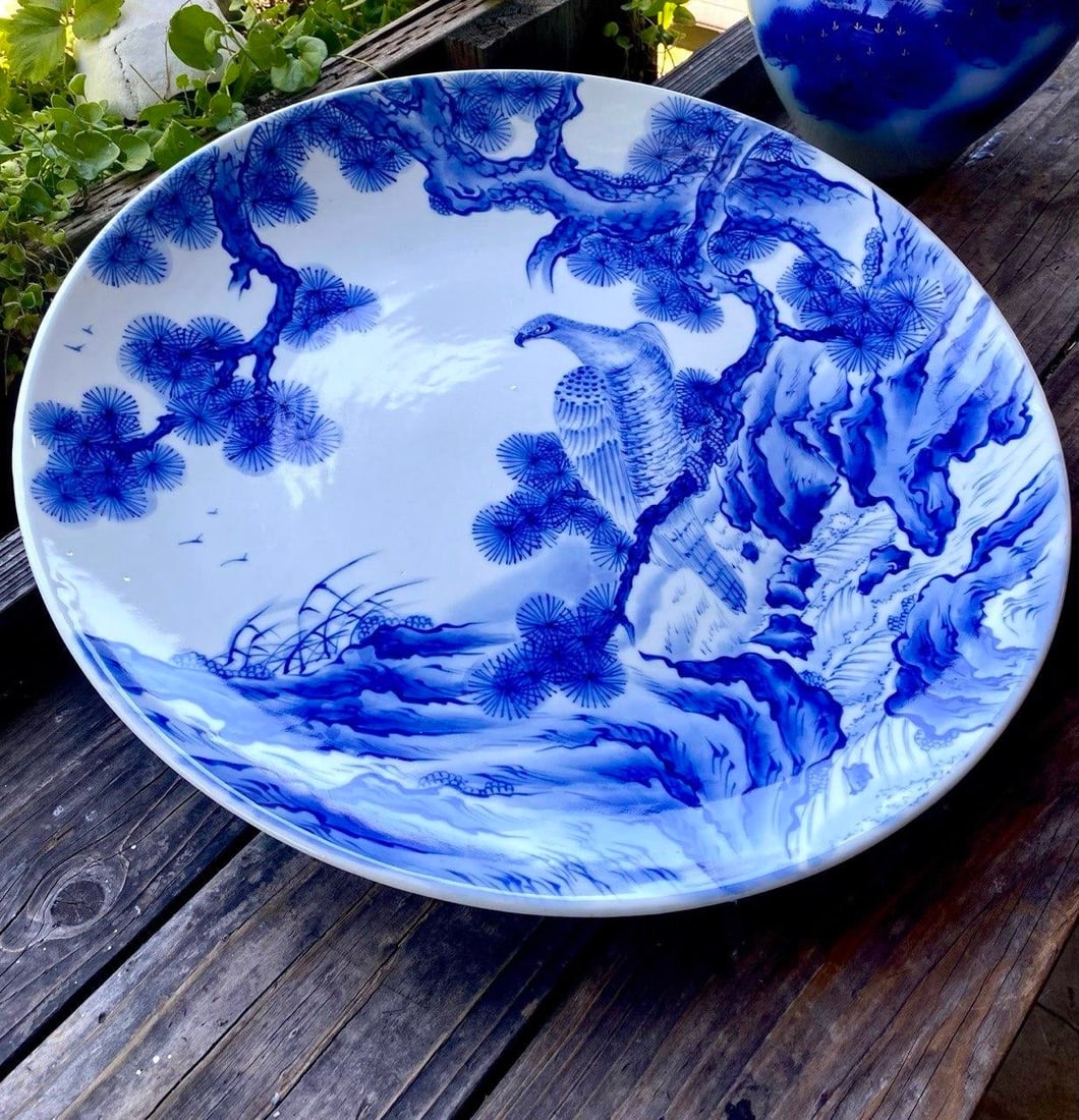 Mid 20th Century Monumental Japanese Blue & White Porcelain Charger With Hawk & Pine Landscape - 3