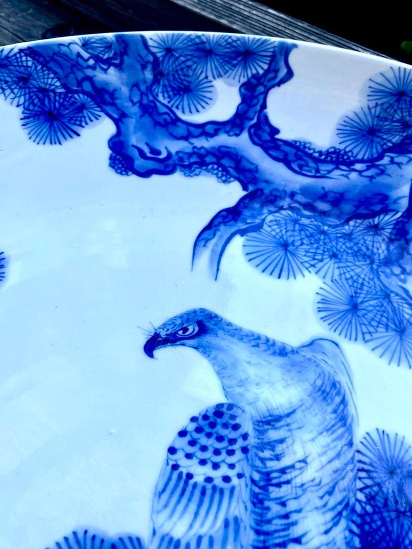 Mid 20th Century Monumental Japanese Blue & White Porcelain Charger With Hawk & Pine Landscape - 9