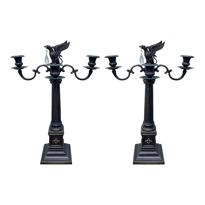 Pair of Vintage Gothic Bronze Candelabras W/Griffin Finial & Crystals (1 of 7)
