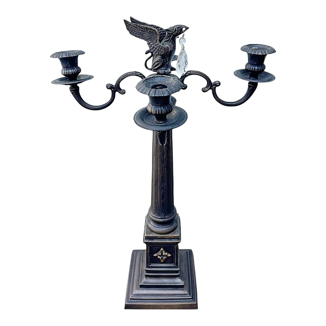 Pair of Vintage Gothic Bronze Candelabras W/Griffin Finial & Crystals - 2