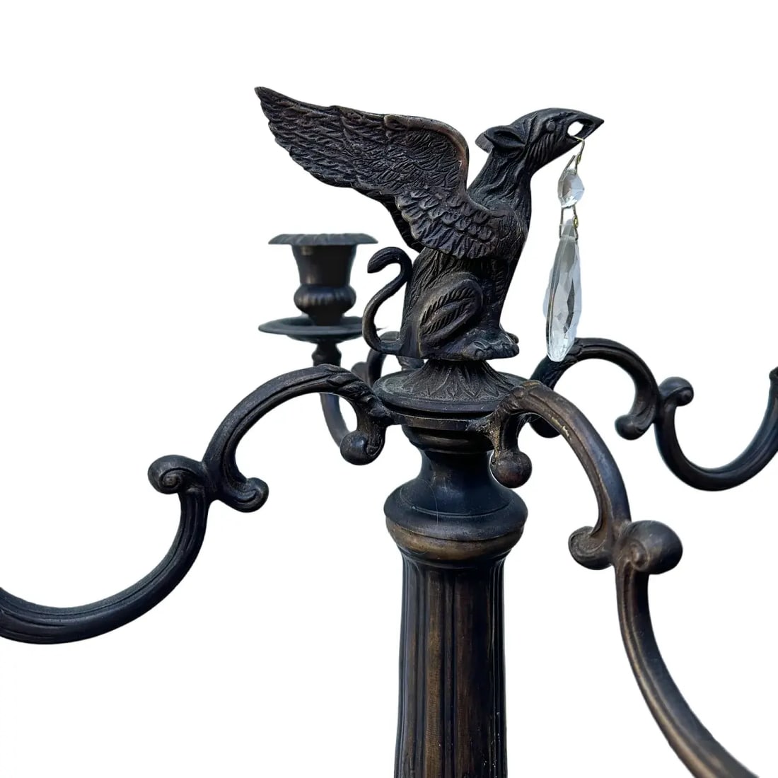 Pair of Vintage Gothic Bronze Candelabras W/Griffin Finial & Crystals - 3