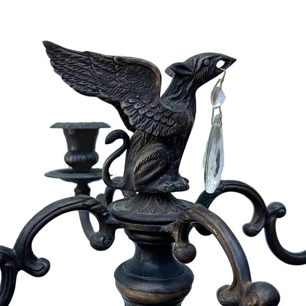 Pair of Vintage Gothic Bronze Candelabras W/Griffin Finial & Crystals - 4