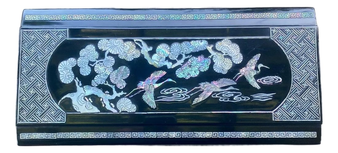 Large Vintage Korean Black Lacquer Mother-of-Pearl Scholar's Box With Brass Dish Insert: A striking vintage Korean black lacquer presentation or scholar's box featuring exceptionally detailed hand-cut mother-of-pearl inlay throughout, including not only the figural crane and pine motifs,