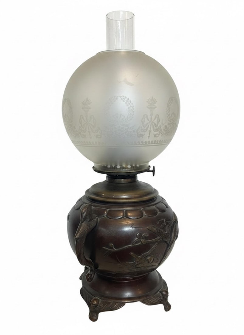 Antique Patinated Bronze Oil Lamp Kerosene Meiji Style Etched Glass Globe Eagle - 10