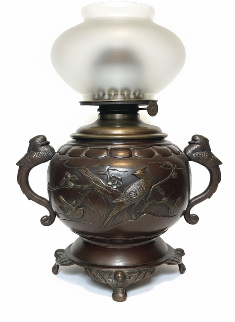 Antique Patinated Bronze Oil Lamp Kerosene Meiji Style Etched Glass Globe Eagle - 11