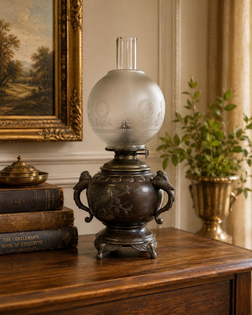 Antique Patinated Bronze Oil Lamp Kerosene Meiji Style Etched Glass Globe Eagle - 12