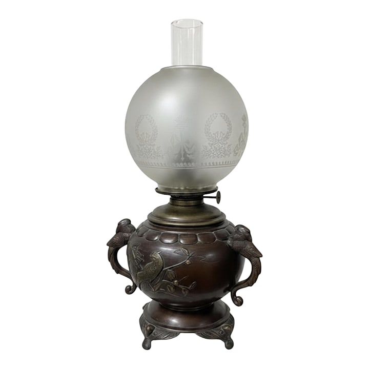 Antique Patinated Bronze Oil Lamp Kerosene Meiji Style Etched Glass Globe Eagle (1 of 12)
