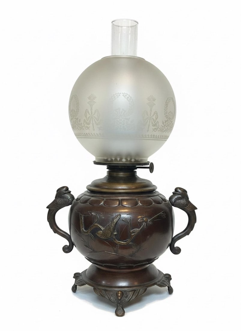 Antique Patinated Bronze Oil Lamp Kerosene Meiji Style Etched Glass Globe Eagle - 2