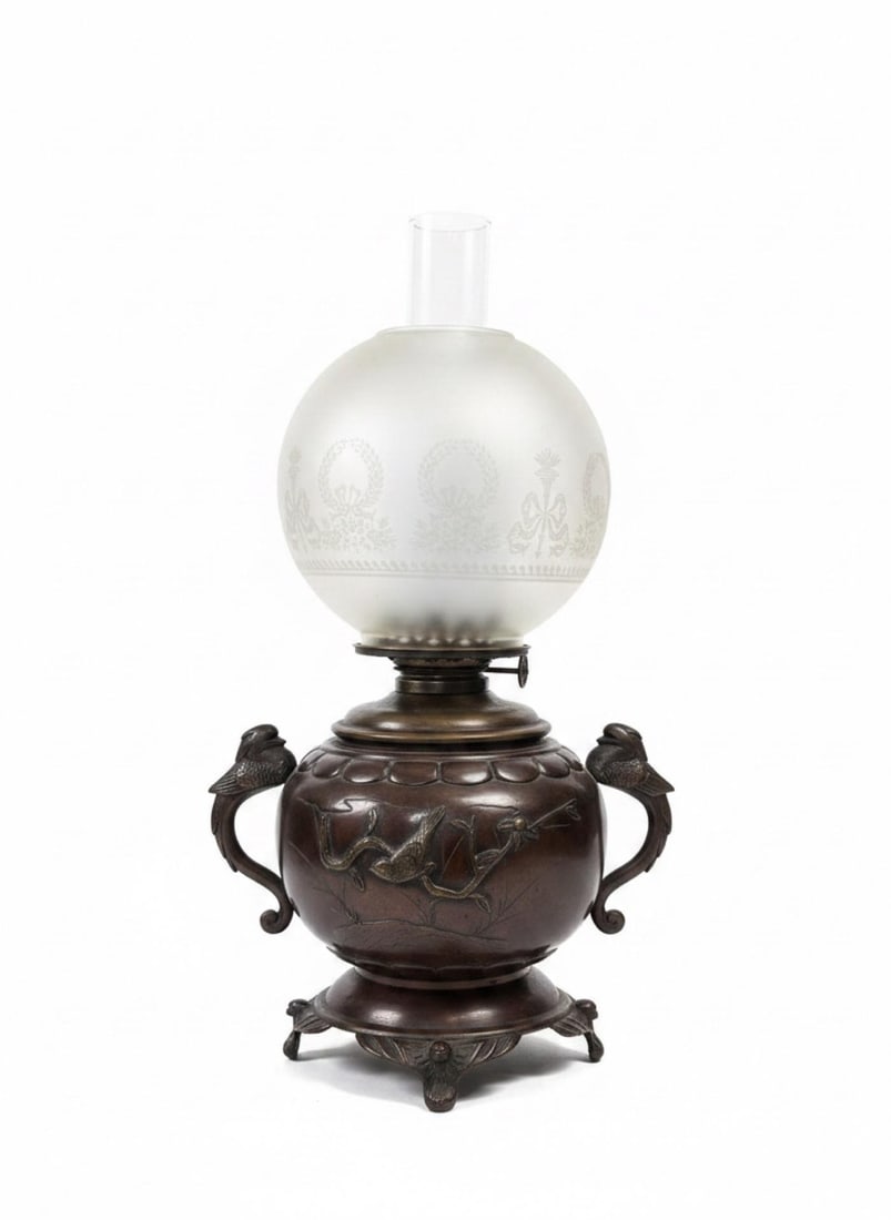 Antique Patinated Bronze Oil Lamp Kerosene Meiji Style Etched Glass Globe Eagle - 3