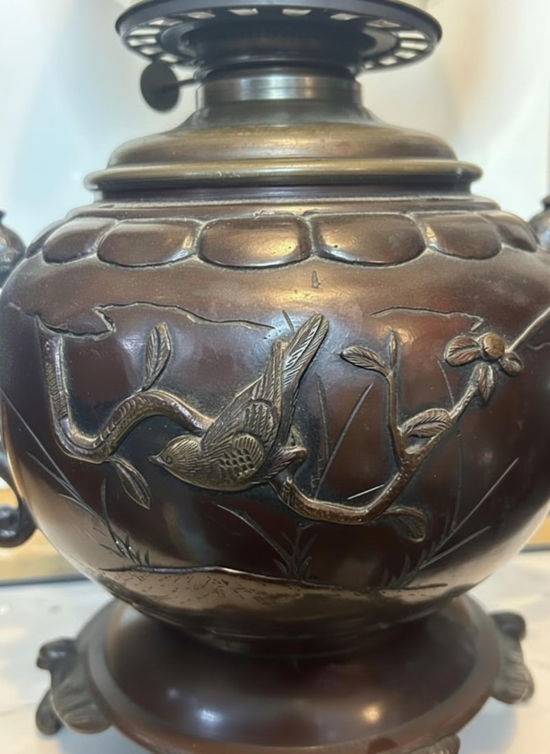 Antique Patinated Bronze Oil Lamp Kerosene Meiji Style Etched Glass Globe Eagle - 9