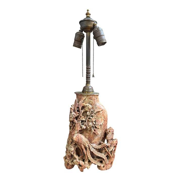 Antique Chinese Carved Soapstone Lamp: This is an exceptional antique lamp, hand carved of soapstone, richly textured in a rose, tan and cream tint. The carvings are an intricate floral design with peonies and a phoenix bird. It's more tha