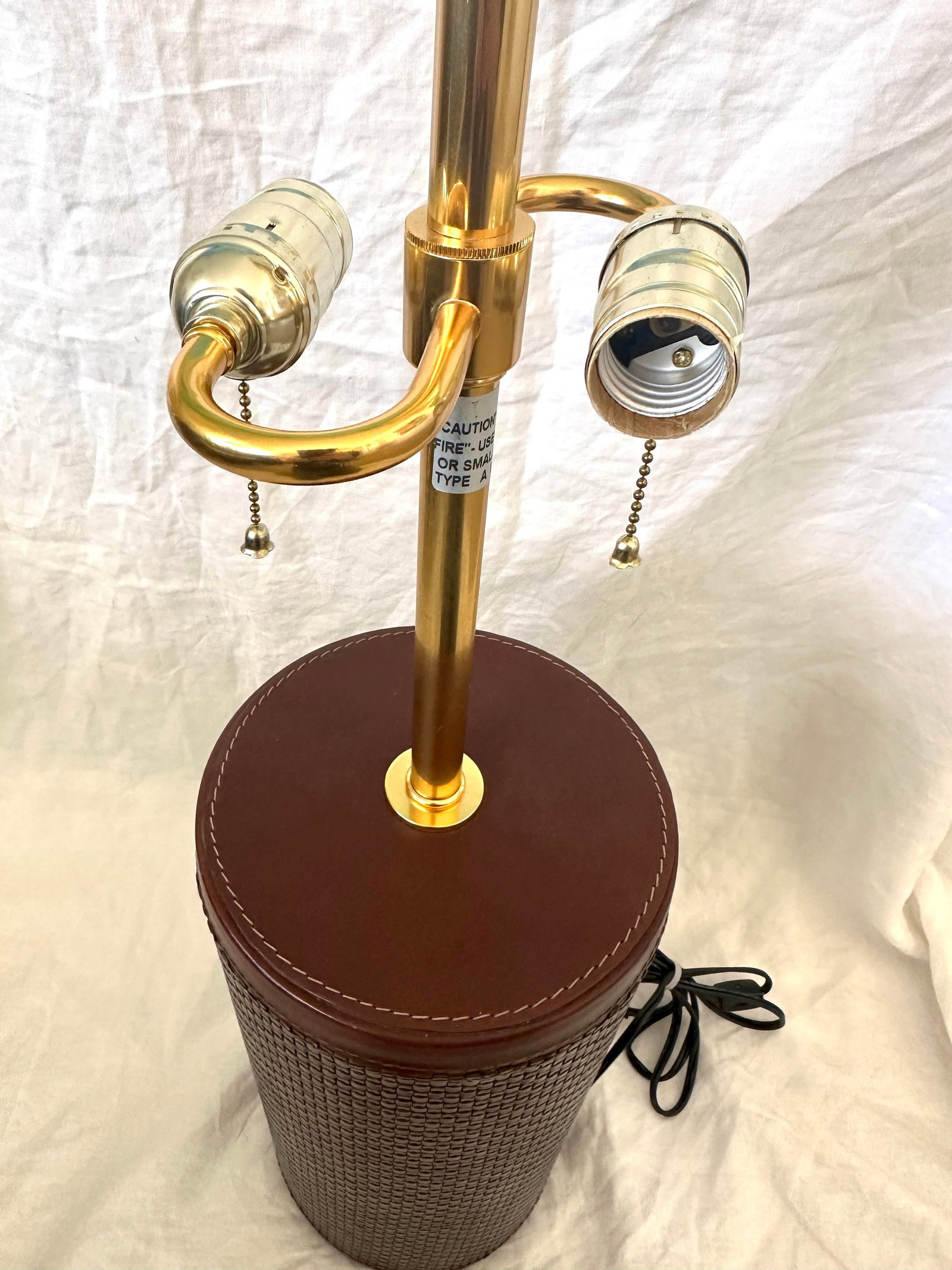 Baker Knapp & Tubbs Wrapped Woven Leather & Brass Cylinder Table Lamps - 11