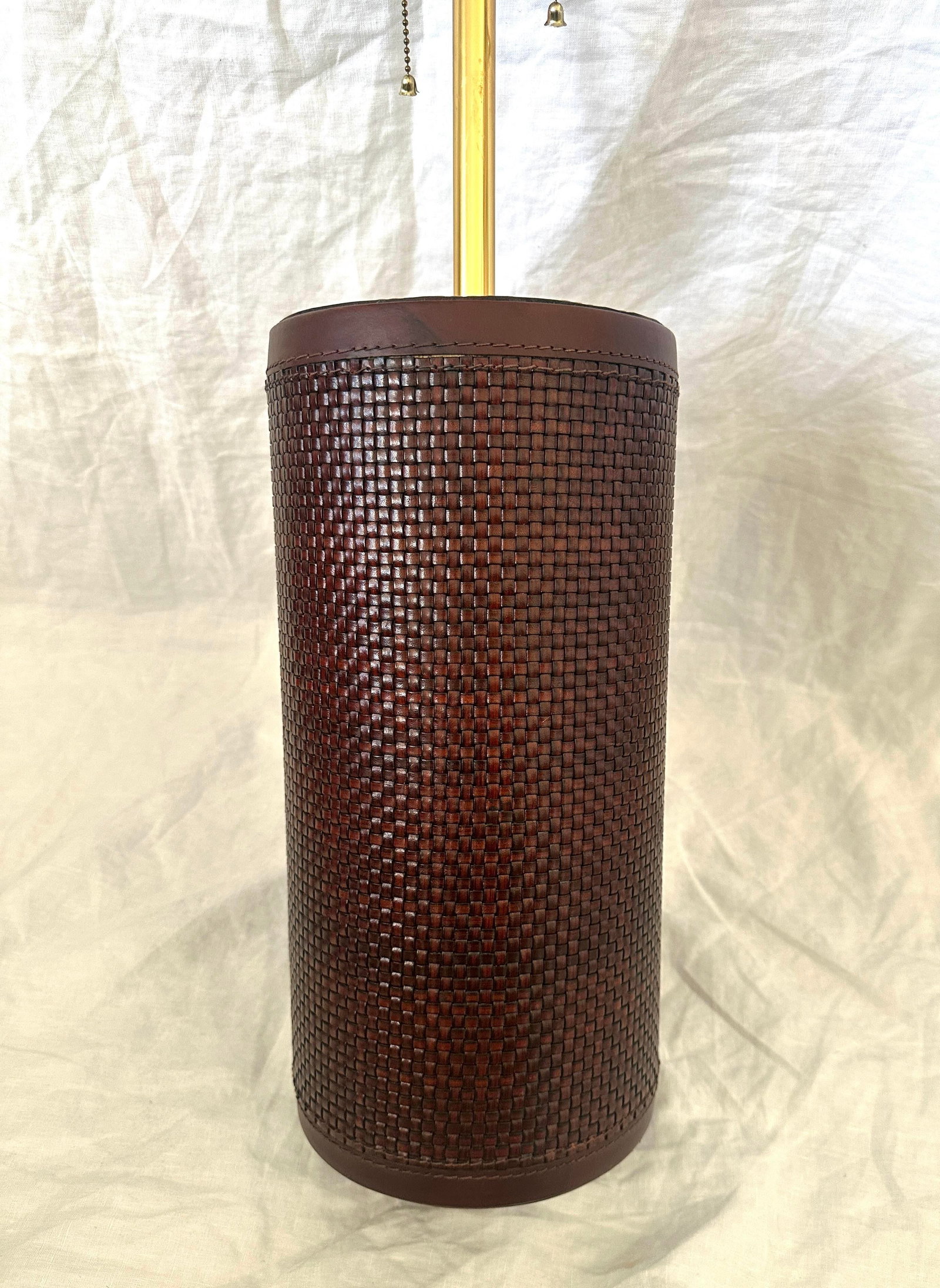 Baker Knapp & Tubbs Wrapped Woven Leather & Brass Cylinder Table Lamps - 2