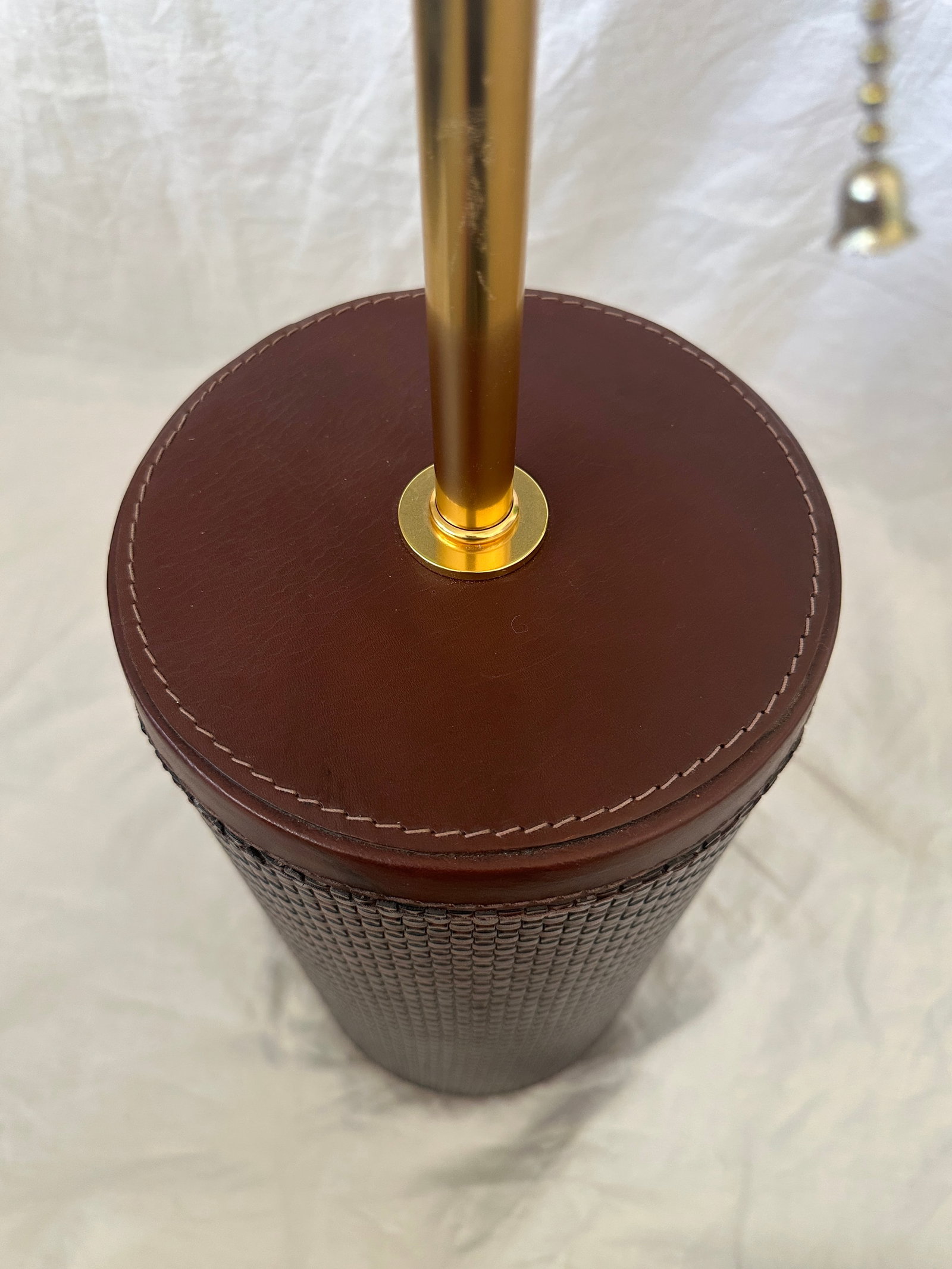 Baker Knapp & Tubbs Wrapped Woven Leather & Brass Cylinder Table Lamps - 3