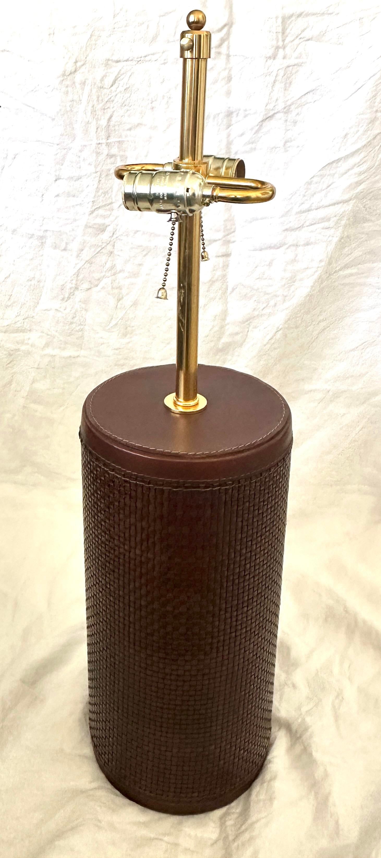 Baker Knapp & Tubbs Wrapped Woven Leather & Brass Cylinder Table Lamps - 4