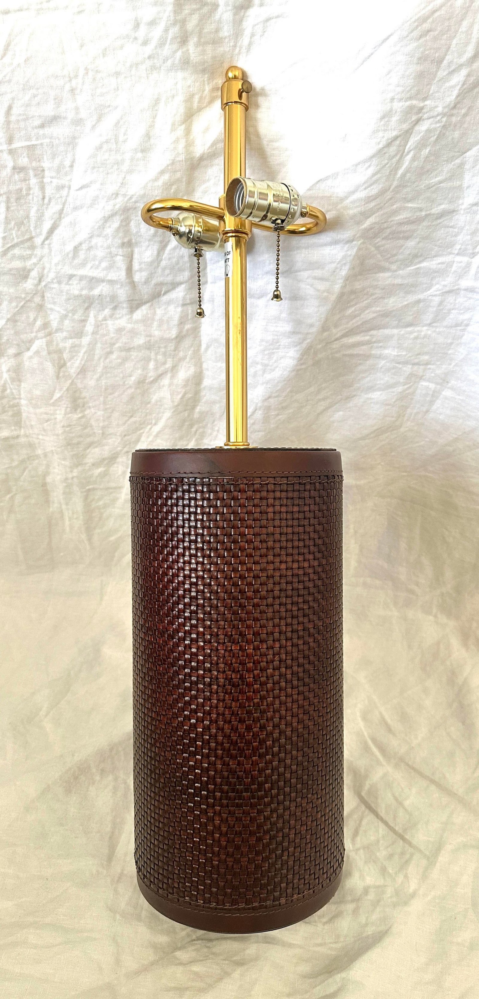 Baker Knapp & Tubbs Wrapped Woven Leather & Brass Cylinder Table Lamps - 5