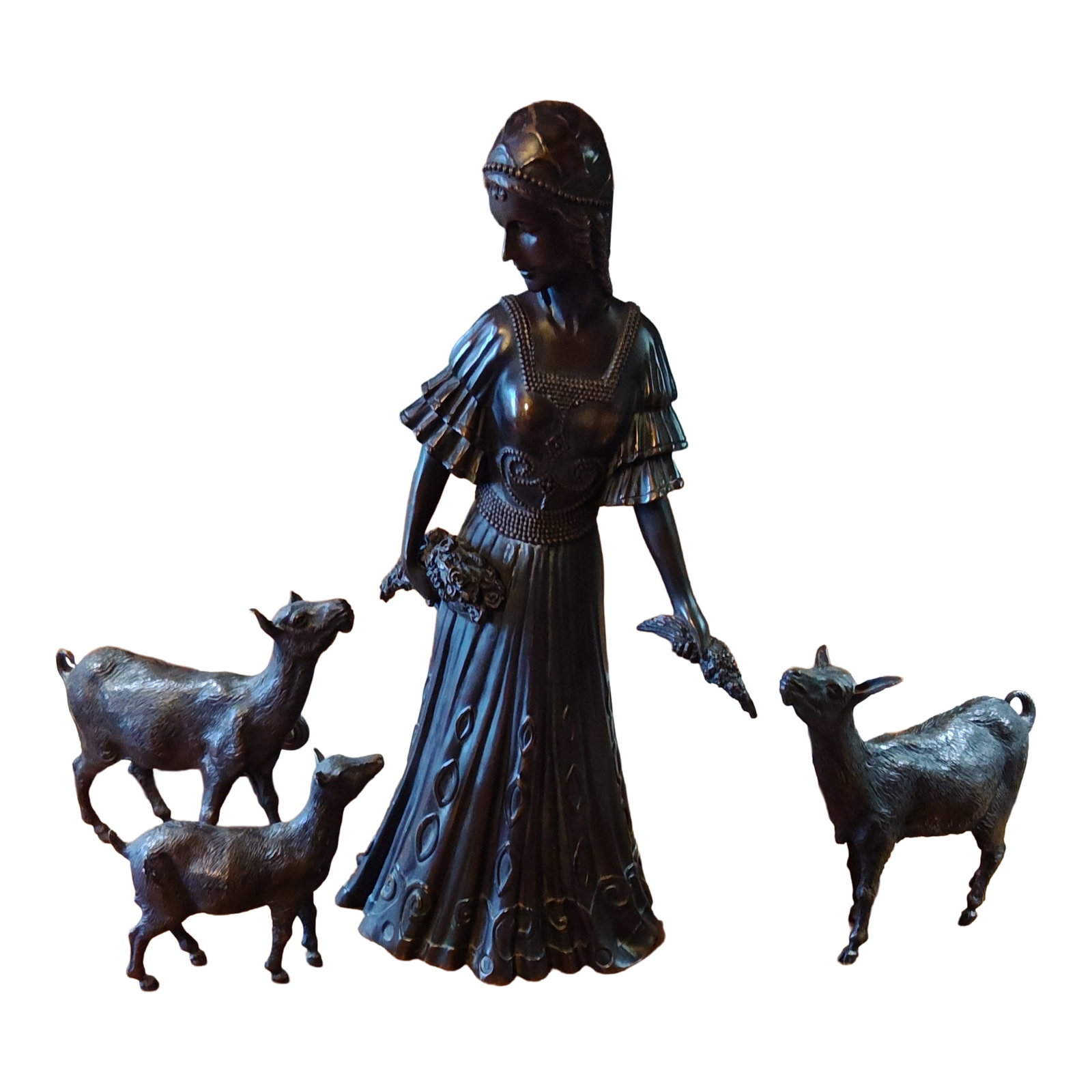 Antique Cast Bronze Woman Feeding Goats 4 Piece Art Deco Sculpture - Stunning: This four piece cast bronze sculpture was purchased from an estate sale in Pennsylvania. The woman stands 17.5" tall and is approximately 10" wide at the widest part. Two of the goats are 7.5" tall