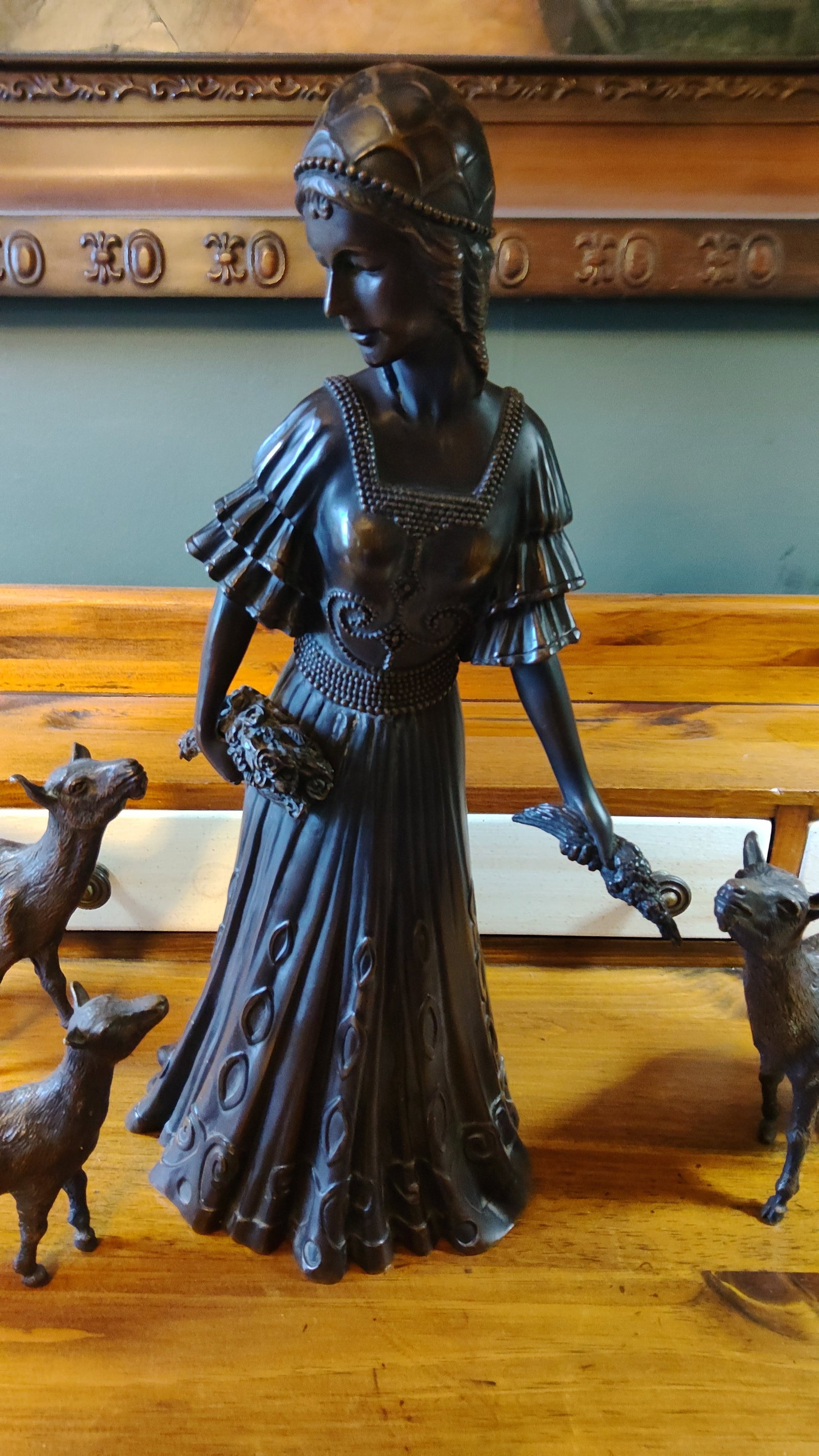 Antique Cast Bronze Woman Feeding Goats 4 Piece Art Deco Sculpture - Stunning - 2