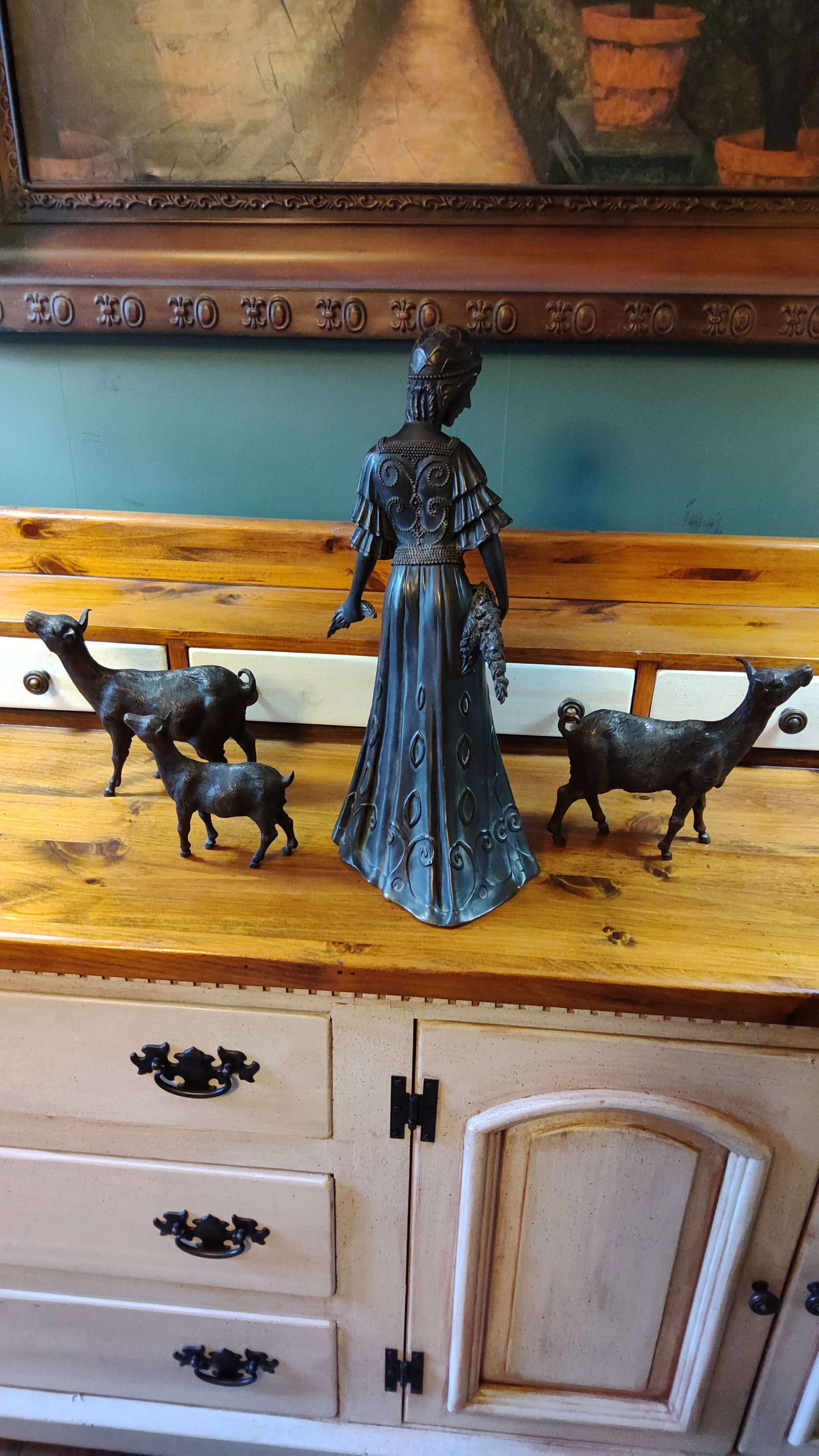 Antique Cast Bronze Woman Feeding Goats 4 Piece Art Deco Sculpture - Stunning - 5