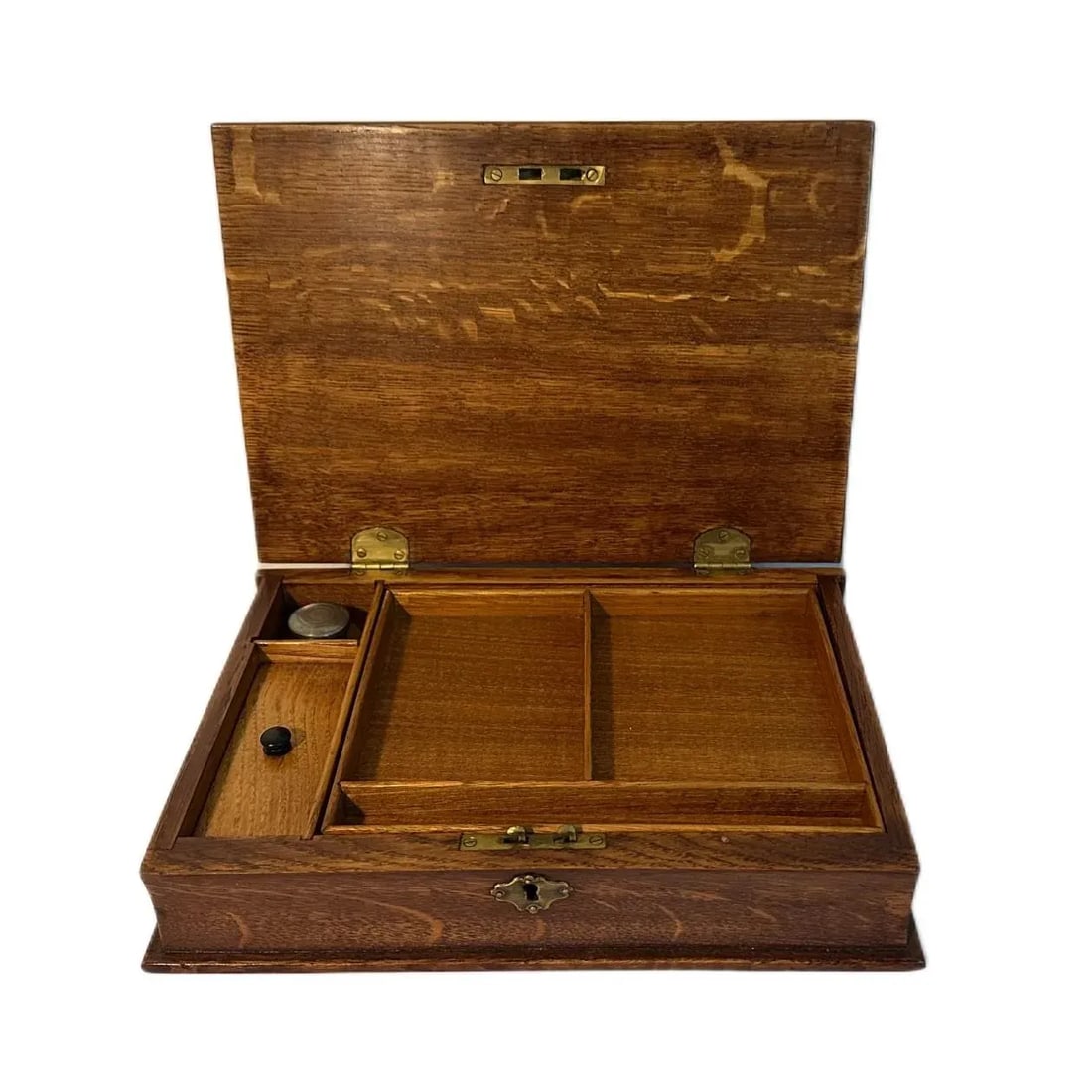 Antique Victorian English Tiger Oak Book Form Lap Desk/Stationery Box W/Inkwell - 2