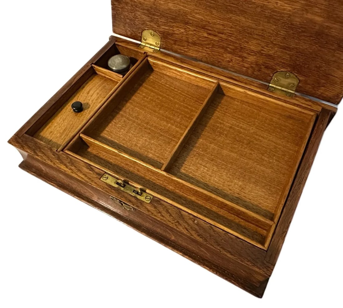 Antique Victorian English Tiger Oak Book Form Lap Desk/Stationery Box W/Inkwell - 3