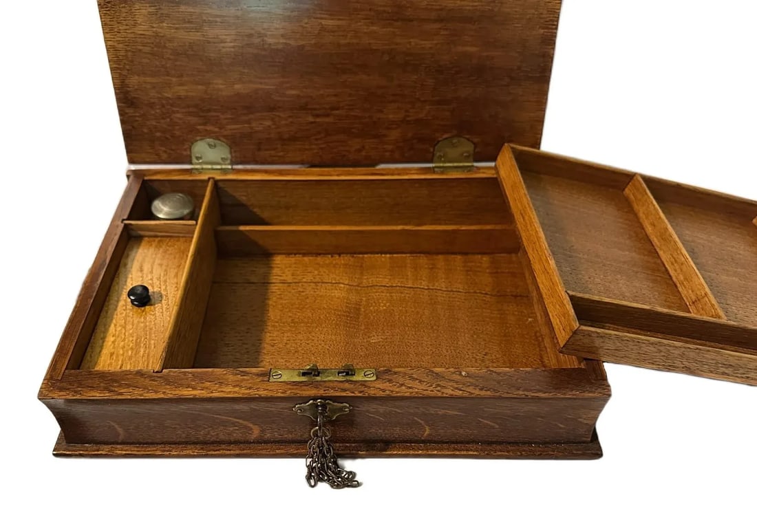 Antique Victorian English Tiger Oak Book Form Lap Desk/Stationery Box W/Inkwell - 4