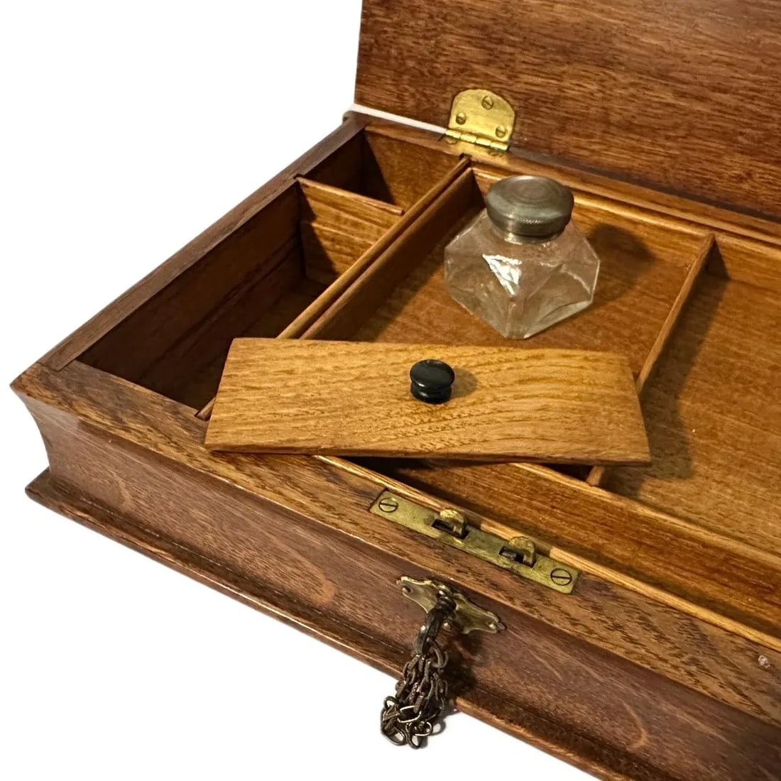 Antique Victorian English Tiger Oak Book Form Lap Desk/Stationery Box W/Inkwell - 5