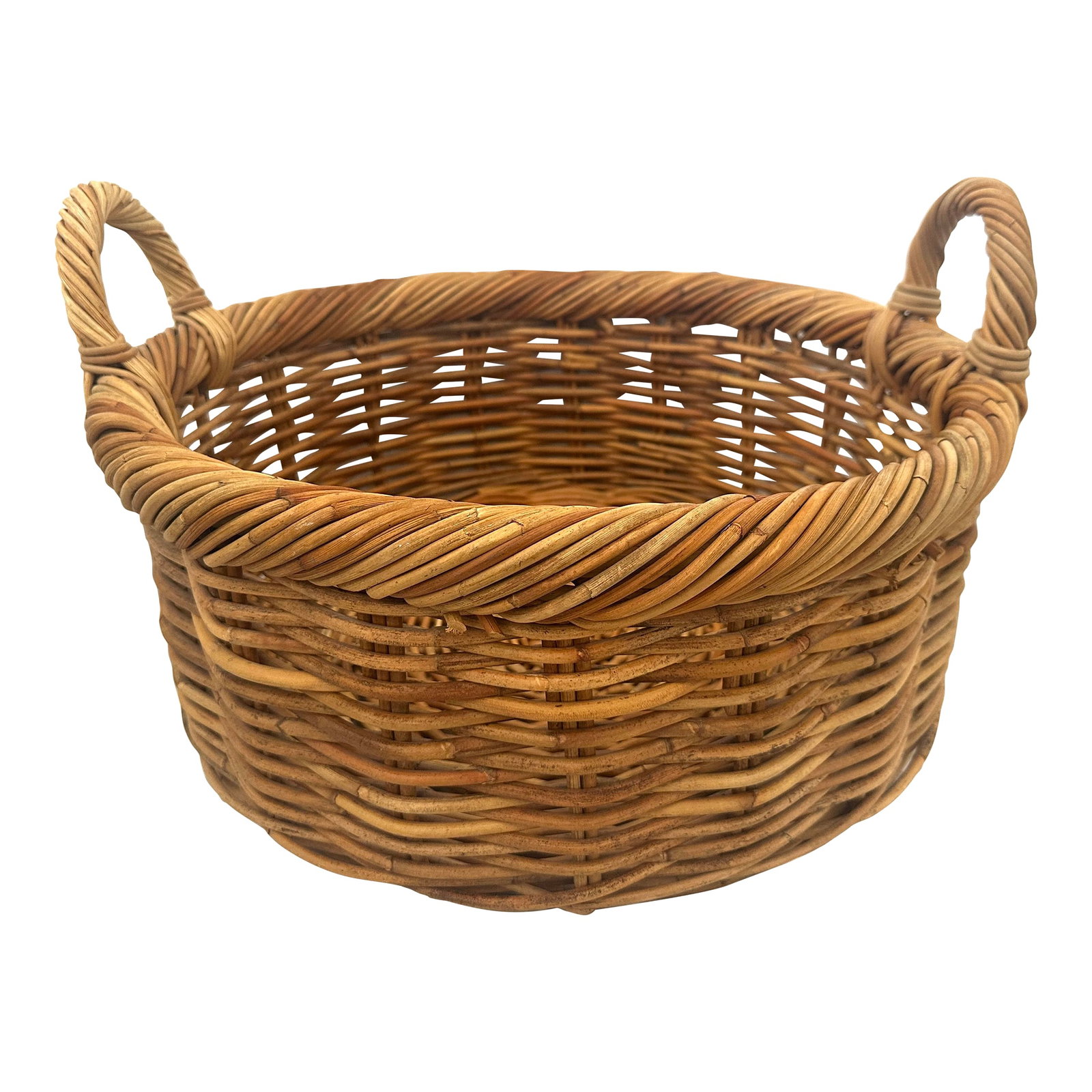 Rustic European Woven Rattan/Wicker Gathering Basket: Rustic European Thick Rattan/Wicker Gathering Basket. Perfect for flowers or getting veggies from the garden. Also great for towels etc. 8.5in h x 21in w 12.5in h to handles Make sure to follow me, I 