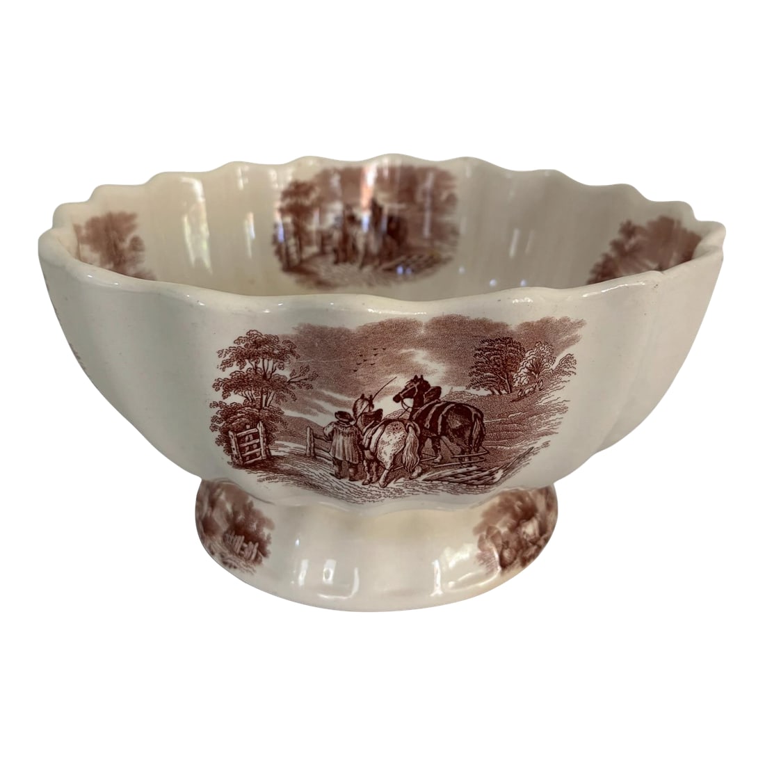 Antique Copeland Duncan Rural Pastoral Scene Footed Bowl Circa 1850'5: This antique circa 1850's Copeland, Duncan Scenes or Rural Scenes Brown and Cream Footed Large Bowl couldn't be more perfect to bring that english cottage feel to your kitchen. It works as a serving p