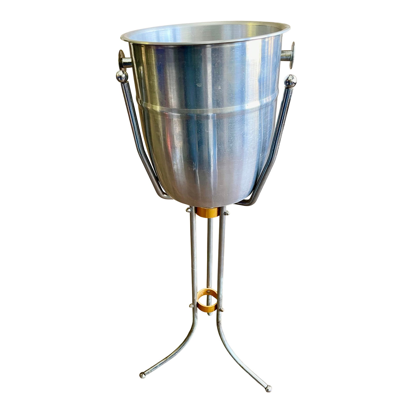 Mid 20th Century Hollywood Regency Ice Bucket/Wine Cooler Server W/ Stand: Talk about elevating your dinner or adding elegance to a special occasion, this wine cooler is exactly what you need. The ice bucket looks like it is made of aluminum and it shows scratches and signs