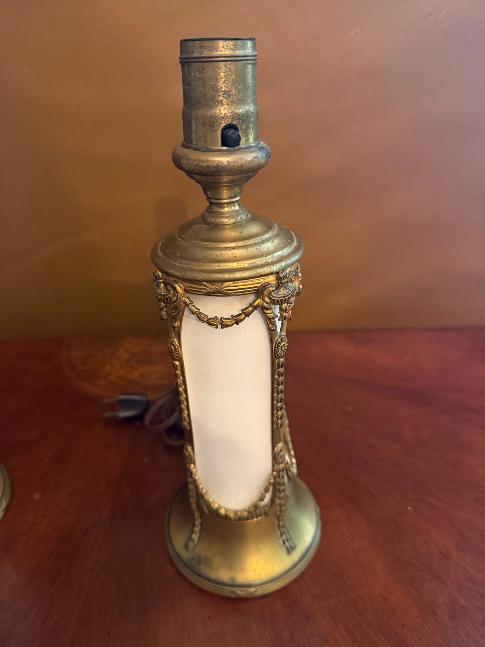 Pair of Vintage French Empire Brass & Milk Glass Table Lamps 12" X 4.5" Ca. 1950 - 10