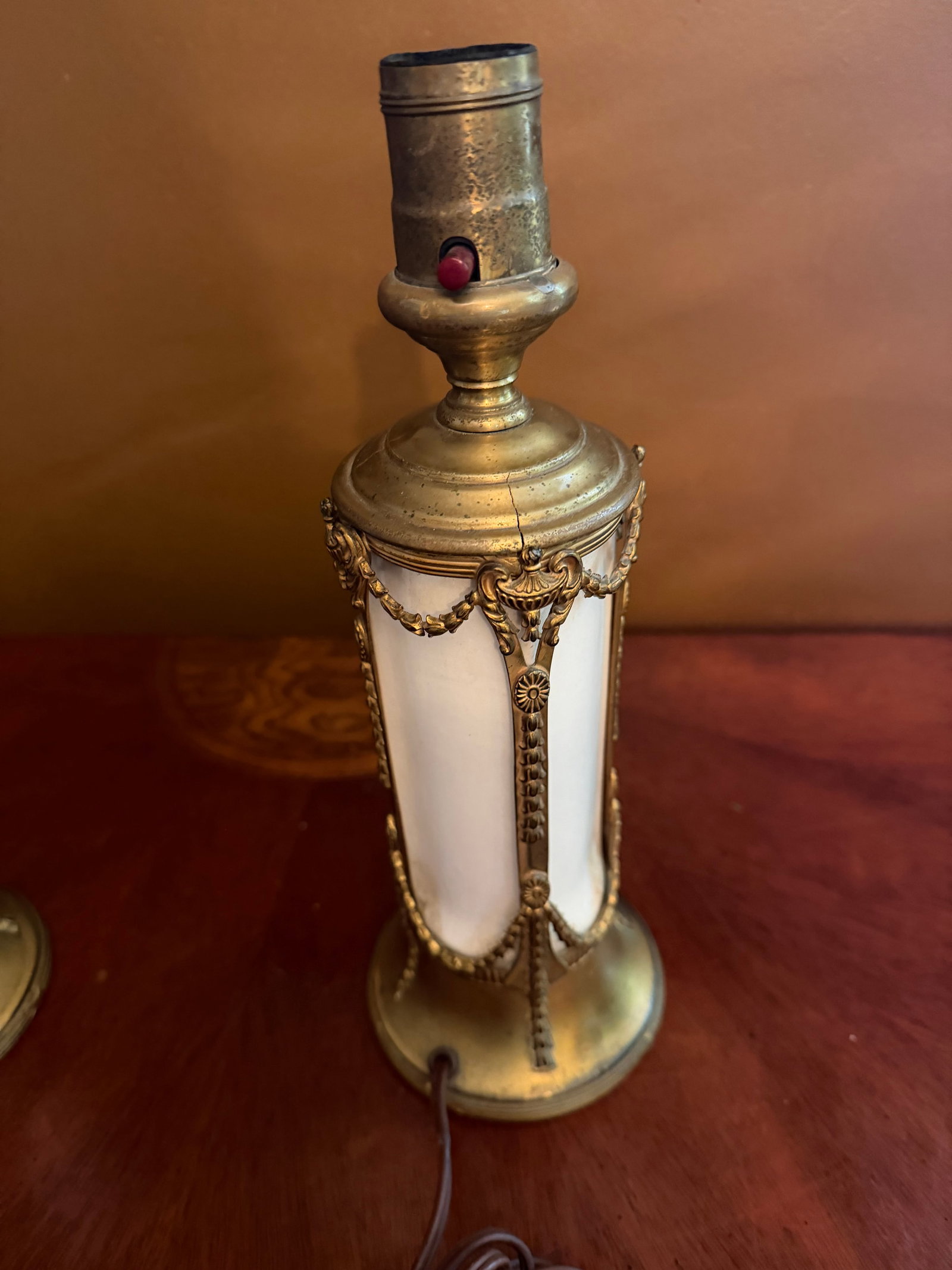 Pair of Vintage French Empire Brass & Milk Glass Table Lamps 12" X 4.5" Ca. 1950 - 11