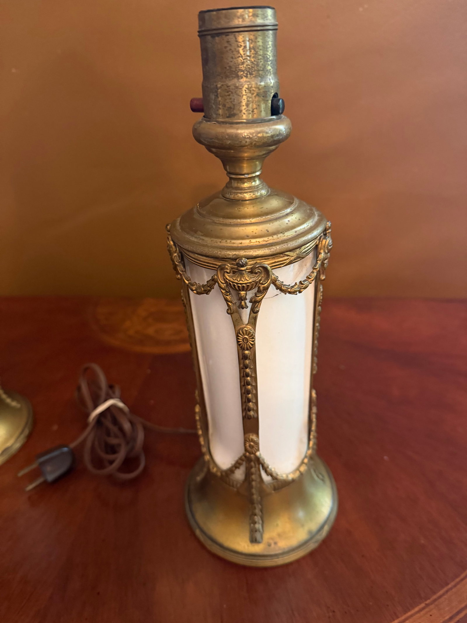 Pair of Vintage French Empire Brass & Milk Glass Table Lamps 12" X 4.5" Ca. 1950 - 12