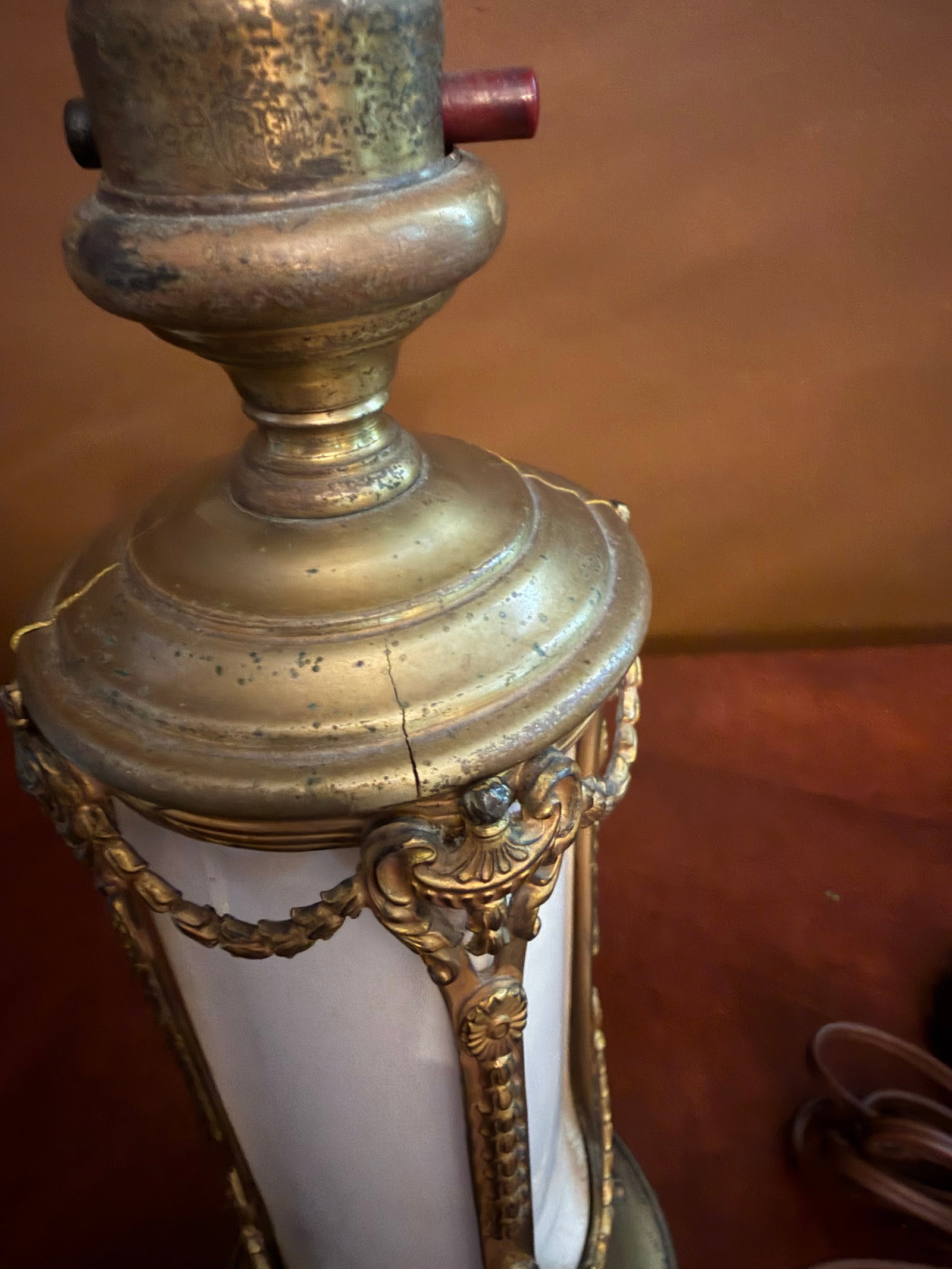 Pair of Vintage French Empire Brass & Milk Glass Table Lamps 12" X 4.5" Ca. 1950 - 13