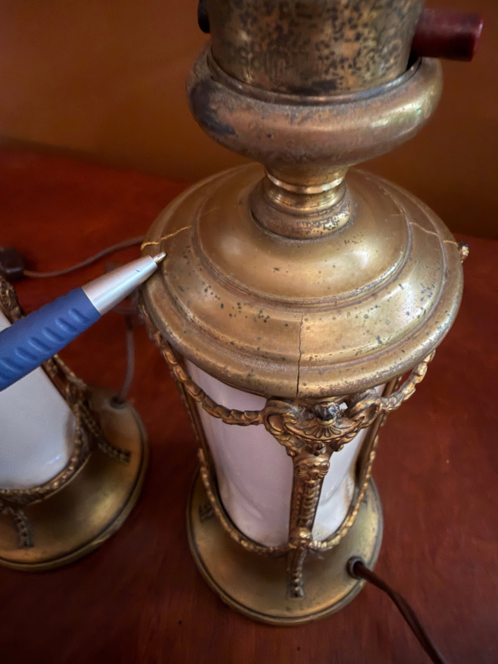 Pair of Vintage French Empire Brass & Milk Glass Table Lamps 12" X 4.5" Ca. 1950 - 14