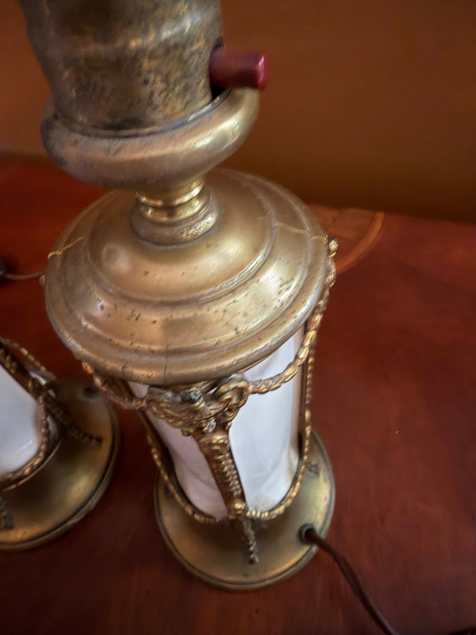 Pair of Vintage French Empire Brass & Milk Glass Table Lamps 12" X 4.5" Ca. 1950 - 15