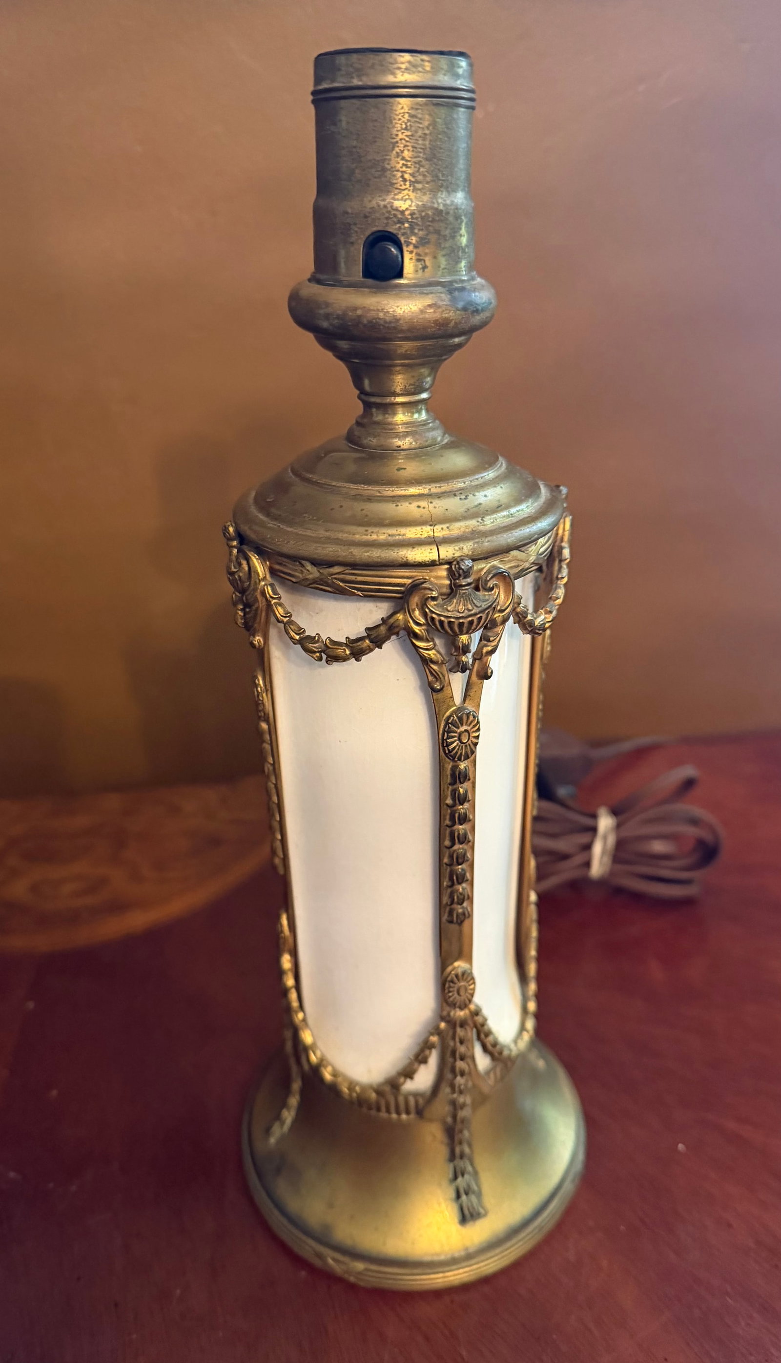 Pair of Vintage French Empire Brass & Milk Glass Table Lamps 12" X 4.5" Ca. 1950 - 16
