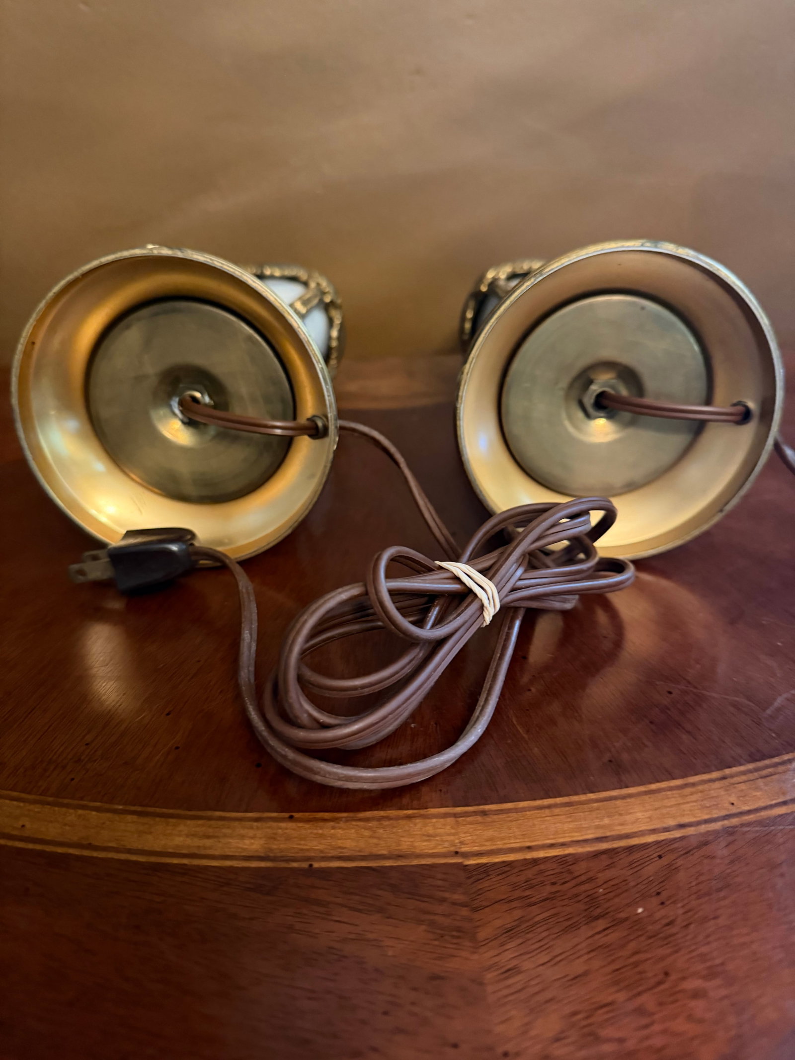 Pair of Vintage French Empire Brass & Milk Glass Table Lamps 12" X 4.5" Ca. 1950 - 18