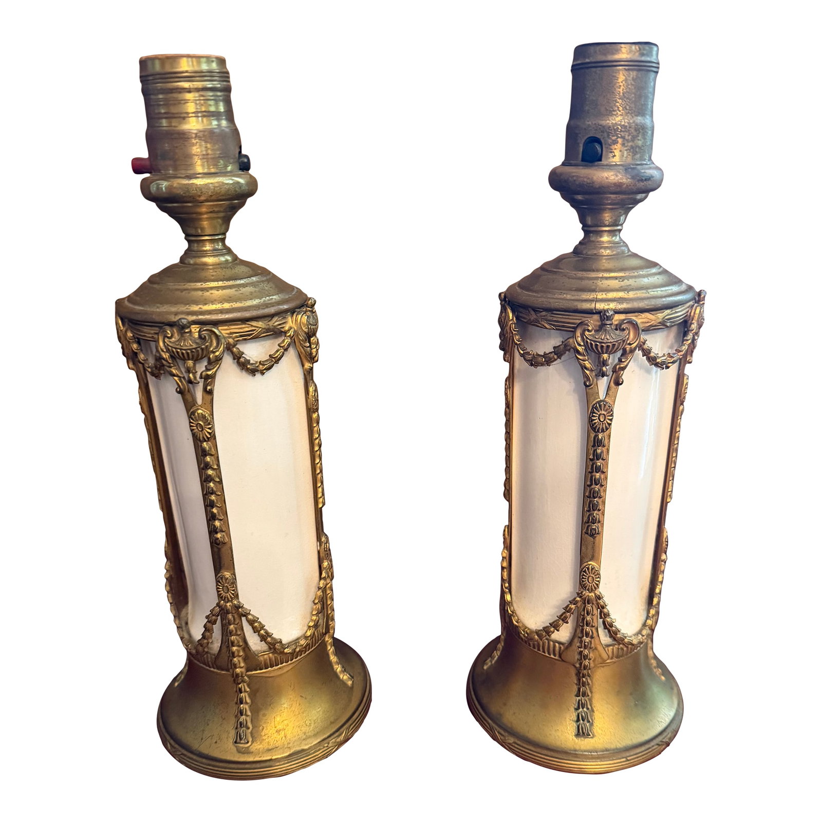 Pair of Vintage French Empire Brass & Milk Glass Table Lamps 12" X 4.5" Ca. 1950: This vintage pair of French Empire brass and milk glass table lamps exudes elegance and charm, perfect for any space seeking a touch of sophistication. Standing at 12 inches tall and with a base of