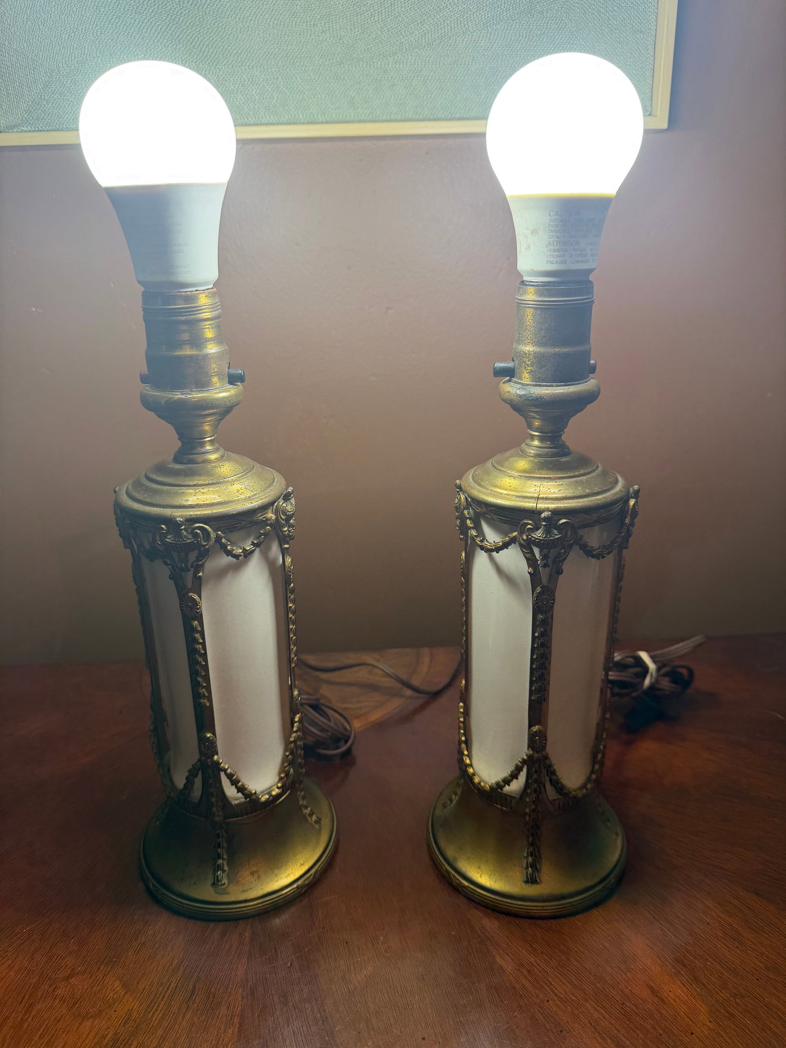 Pair of Vintage French Empire Brass & Milk Glass Table Lamps 12" X 4.5" Ca. 1950 - 2