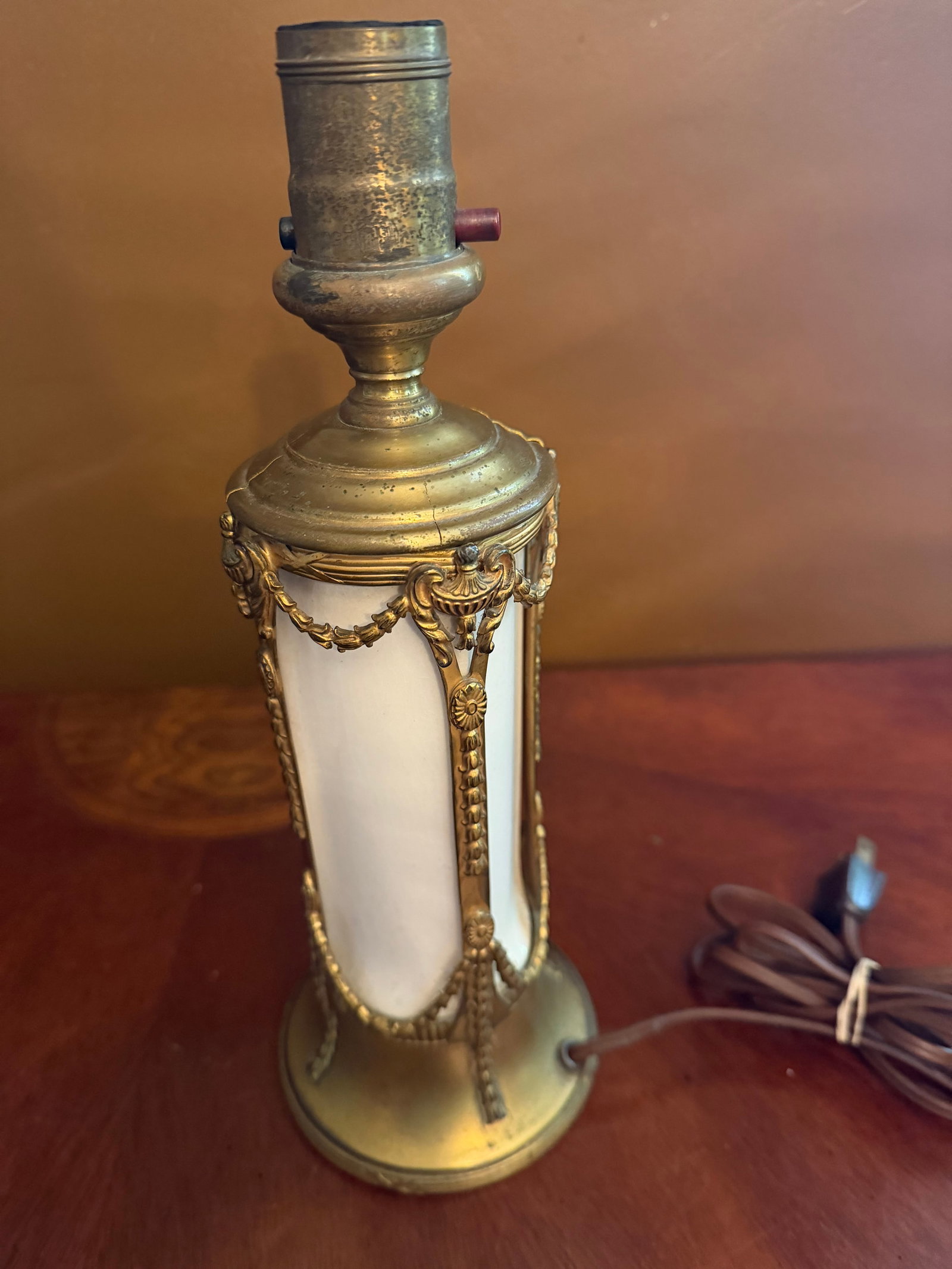 Pair of Vintage French Empire Brass & Milk Glass Table Lamps 12" X 4.5" Ca. 1950 - 3