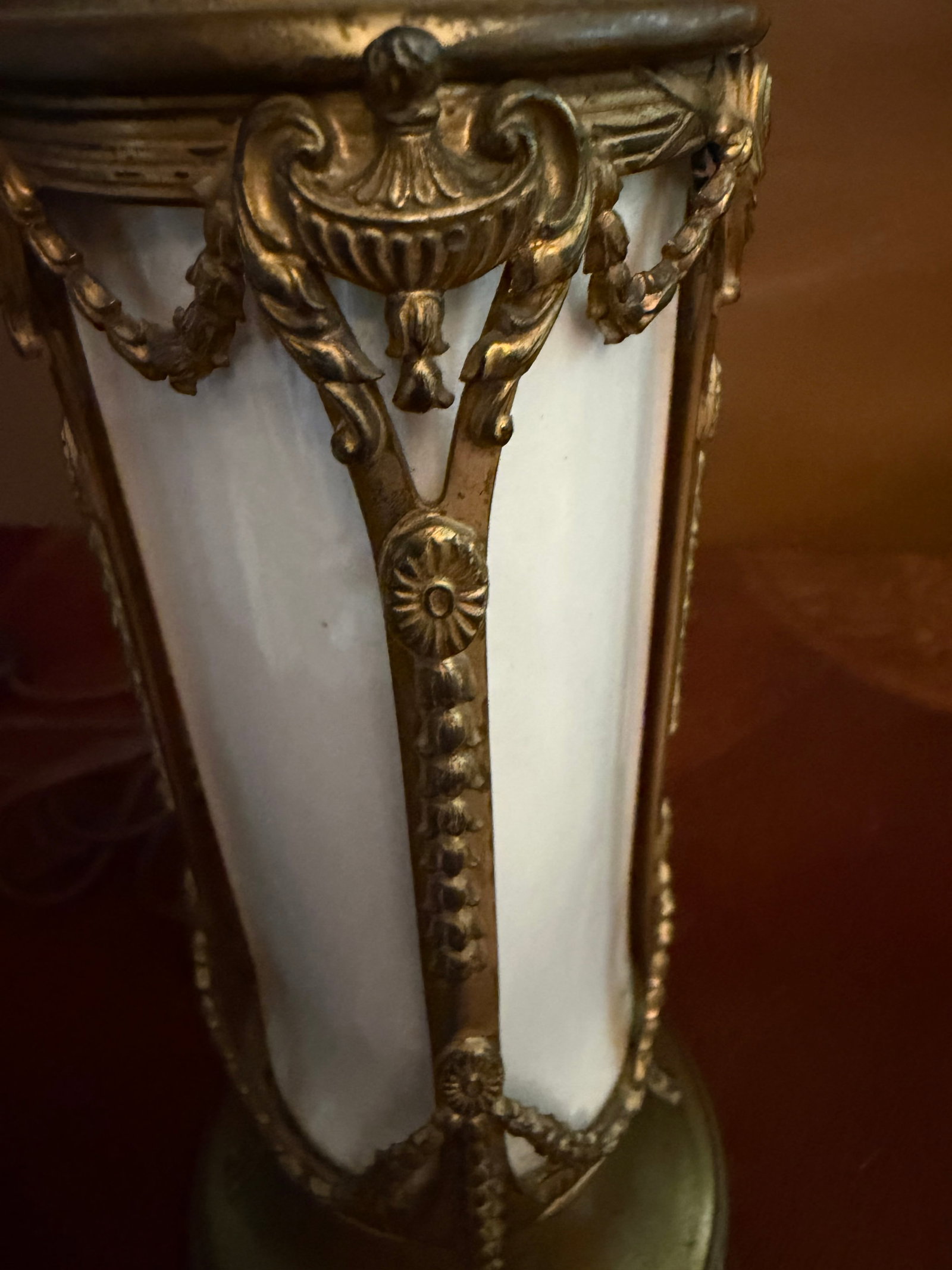 Pair of Vintage French Empire Brass & Milk Glass Table Lamps 12" X 4.5" Ca. 1950 - 5