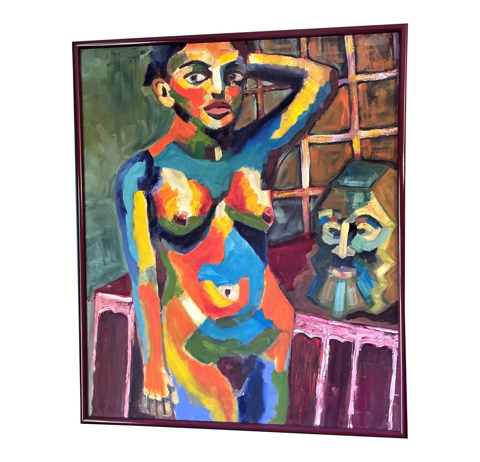 Late 20th Century Fauvist Palette Portrait of Woman Oil Painting, Framed: An arresting piece! Rendered with a Fauvist intensity. This piece has strong appeal and positive energy. It will bring on a smile. At 31"W x 37"T, Portrait of a Woman will hold a commanding spot on