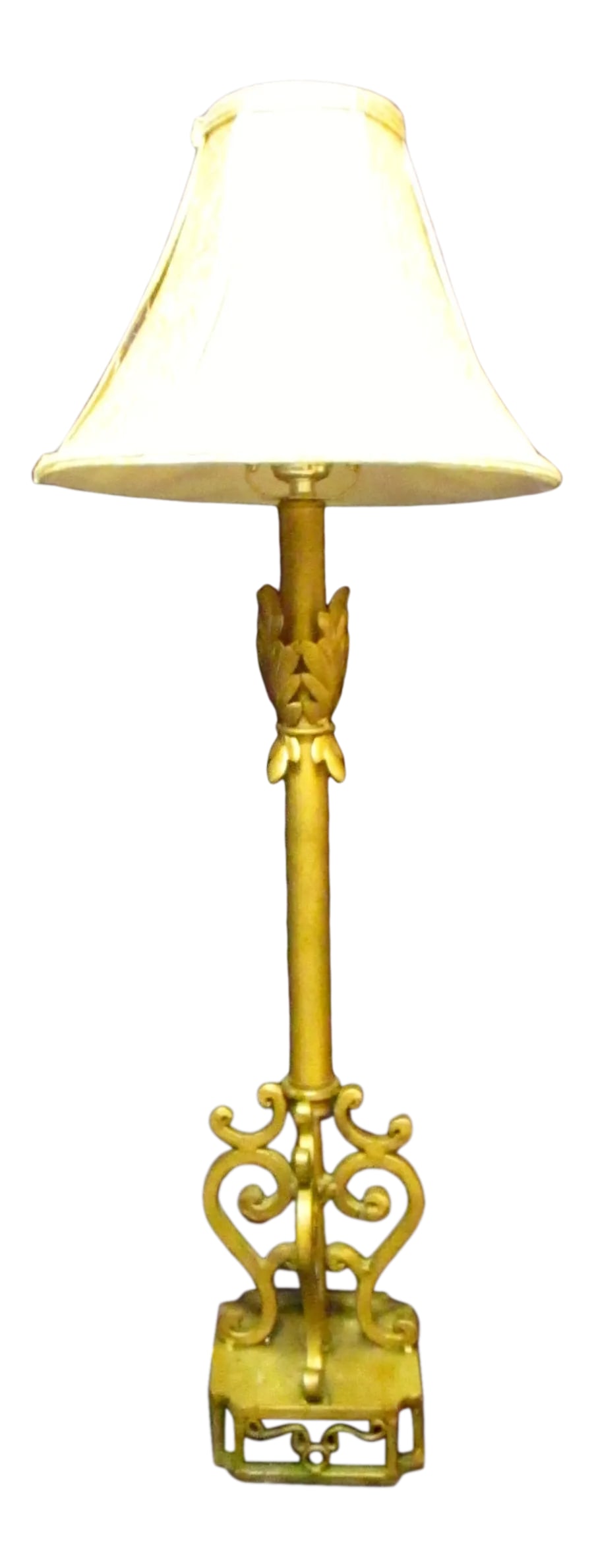 Vintage Modern Gold Filigree Scrollwork Leaf Pattern Table Lamp: Vintage Modern 30.5" Tall Gold Filigree Scrollwork and Leaf Pattern Table Lamp Measures 31.50" tall to top of finial. The body of the lamp is 22.00" tall with a 5.00" square base. Theme: scroll, leaf 